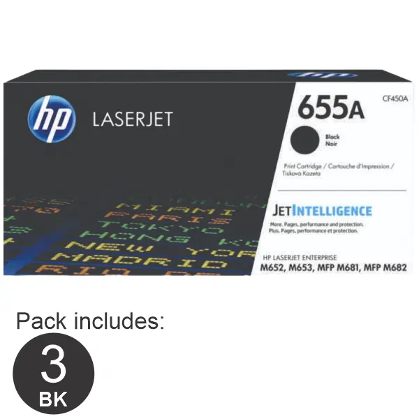3 x HP #655A Black Toner Cartridge CF450A