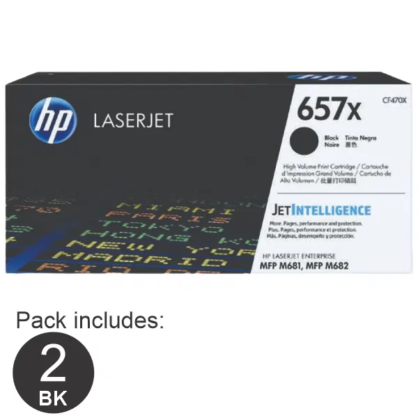 2 x HP #657X Black Toner Cartridge CF470X