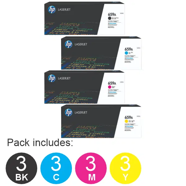 12 Pack HP #659A (1BK,1C,1M,1Y) Toner Cartridge