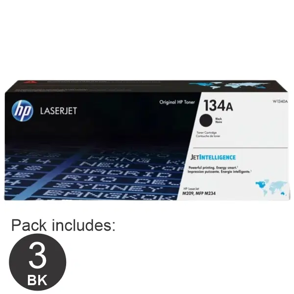 3 x HP #134A Black Toner Cartridge W1340A