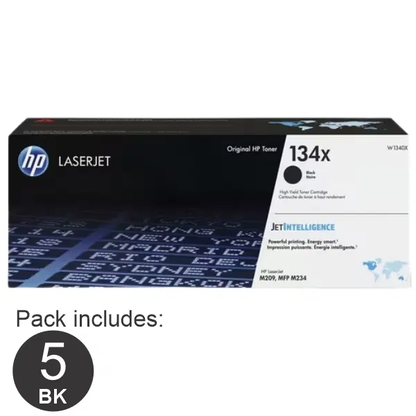 5 x HP #134X Black Toner Cartridge W1340X