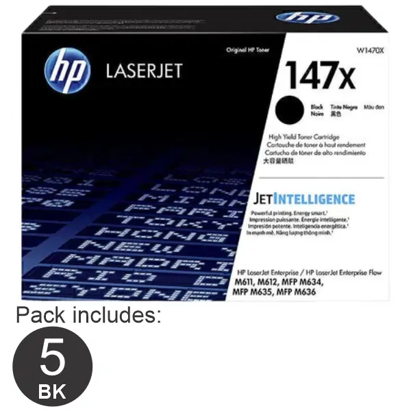5 x HP #147X Black Toner Cartridge W1470X