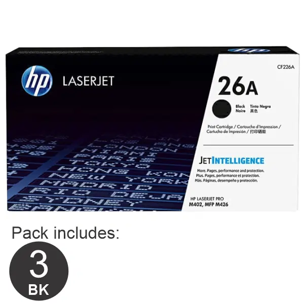 3 x HP #26A Black Toner Cartridge CF226A