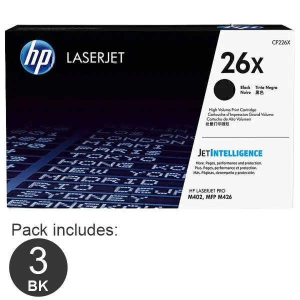 3 x HP #26X Black Toner Cartridge CF226X