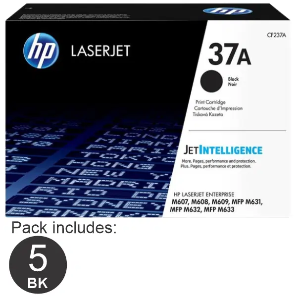 5 x HP #37A Black Toner Cartridge CF237A