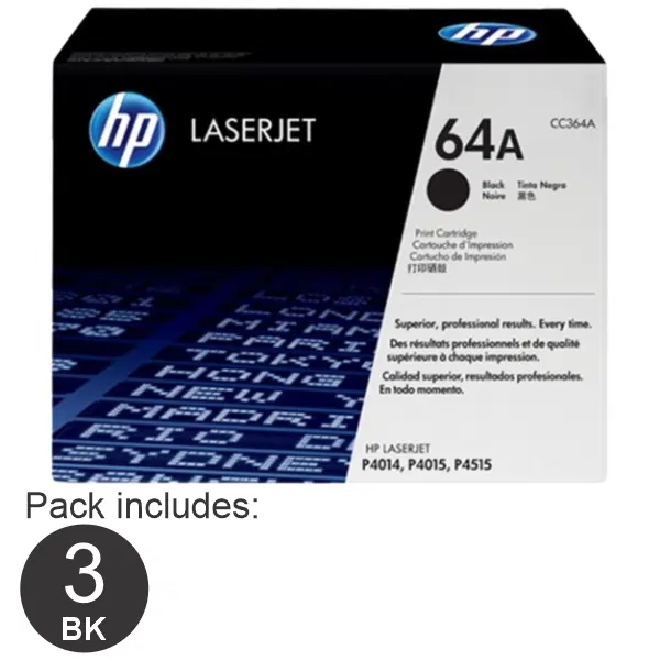 3 x HP #64A Black Toner Cartridge CC364A