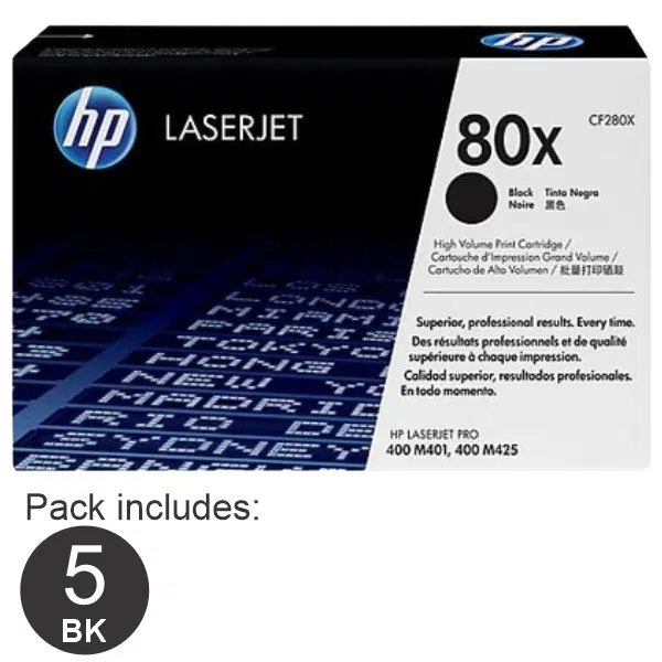 5 x HP #80X Black Toner Cartridge CF280X