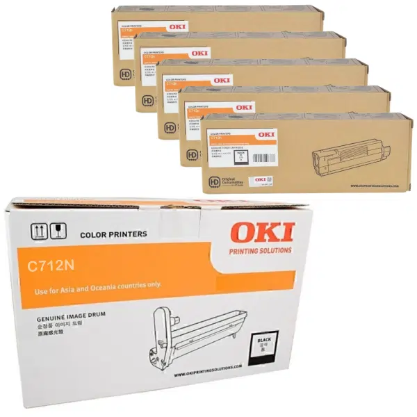 Oki C712N Black Drum Unit & 5 x OKI C712N Black Toner Cartridge 46507412 46507612