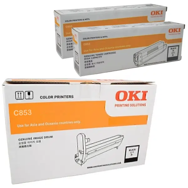 Oki MC853 Black Drum Unit & 2 x OKI MC853 Black Toner Cartridge 44844484 45862844