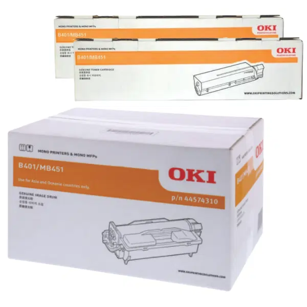 Oki MB451 Drum Unit & 2 x OKI MB451 Black Toner Cartridge 44574310 44992406