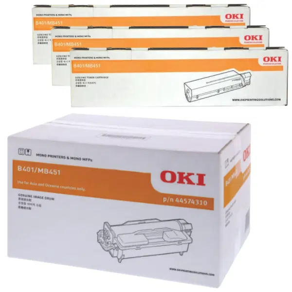Oki MB451 Drum Unit & 3 x OKI MB451 Black Toner Cartridge 44574310 44992406