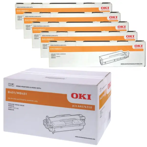 Oki MB451 Drum Unit & 5 x OKI MB451 Black Toner Cartridge 44574310 44992406