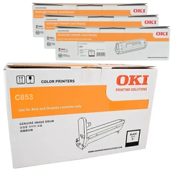 Oki MC853 Black Drum Unit & 3 x OKI MC873 Black Toner Cartridge 44844484 45862832