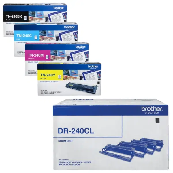 Brother DR240CL Drum Unit & 4 Pack Brother TN240 (1BK,1C,1M,1Y) Toner Cartridges DR-240CL TN-240