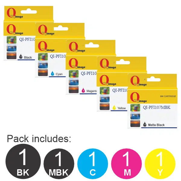 5 Pack – Compatible Canon PFI107 (1BK,1MBK,1C,1M,1Y) PFI107 PACK