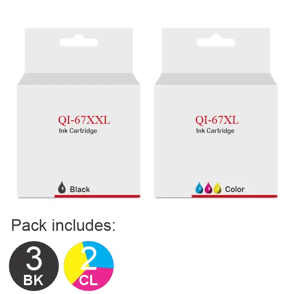 5 Pack – Compatible HP #67XXL Black & #67XL Tri Colour (3BK,2CL) High Yield Ink Cartridges Value Pack