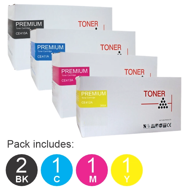 5 Pack Compatible HP #305A (2BK,1C,1M,1Y) Toner Cartridge