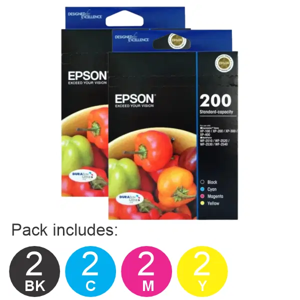 2 x Epson 200 4 Ink Cartridge Value Pack (2BK,2C,2M,2Y)