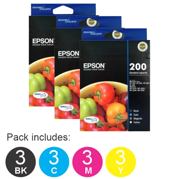 3 x Epson 200 4 Ink Cartridge Value Pack (3BK,3C,3M,3Y)