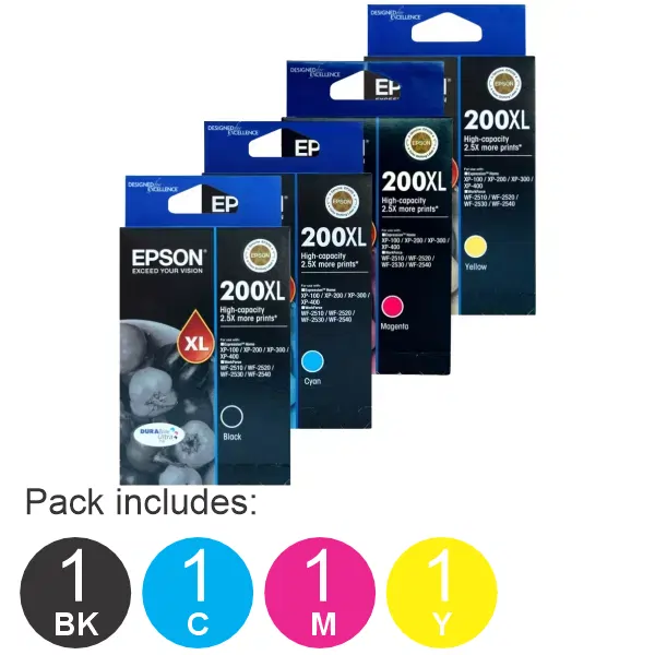 4 Pack - Epson 200XL (1BK,1C,1M,1Y) High Yield Ink Cartridges