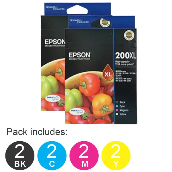 2 x Epson 200XL 4 High Yield Ink Cartridge Value Pack (2BK,2C,2M,2Y)