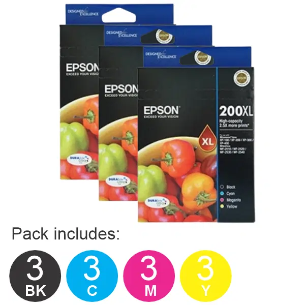 3 x Epson 200XL 4 High Yield Ink Cartridge Value Pack (3BK,3C,3M,3Y)