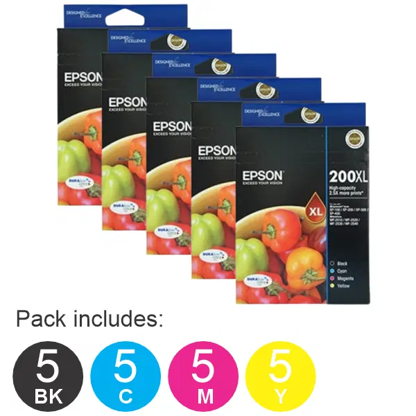 5 x Epson 200XL 4 High Yield Ink Cartridge Value Pack (5BK,5C5M,5Y)