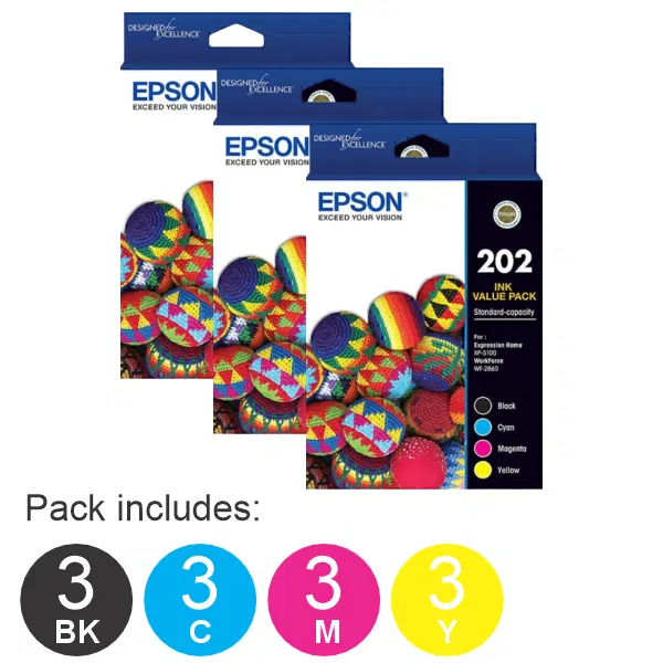 3 x Epson 202 4 Ink Cartridge Value Pack (3BK,3C,3M,3Y)