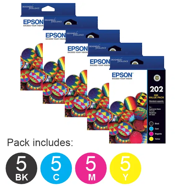 5 x Epson 202 4 Ink Cartridge Value Pack (5BK,5C,5M,5Y)
