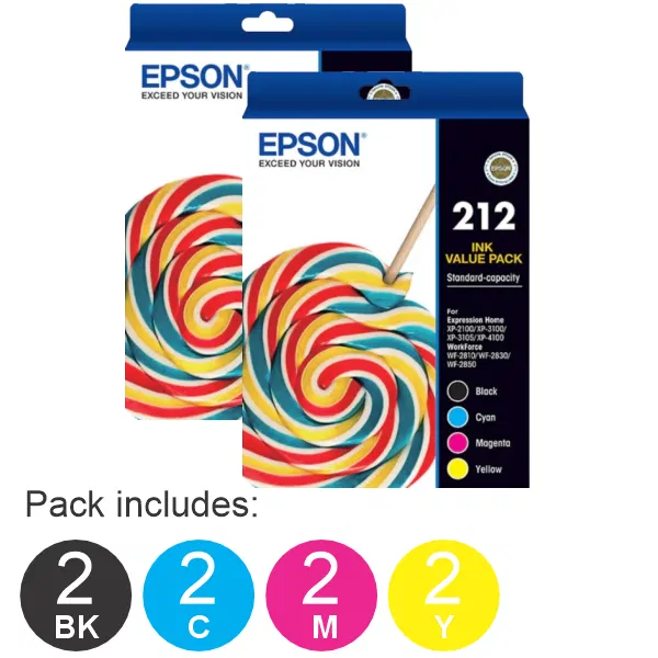 2 x Epson 212 4 Ink Cartridge Value Pack (2BK,2C,2M,2Y)
