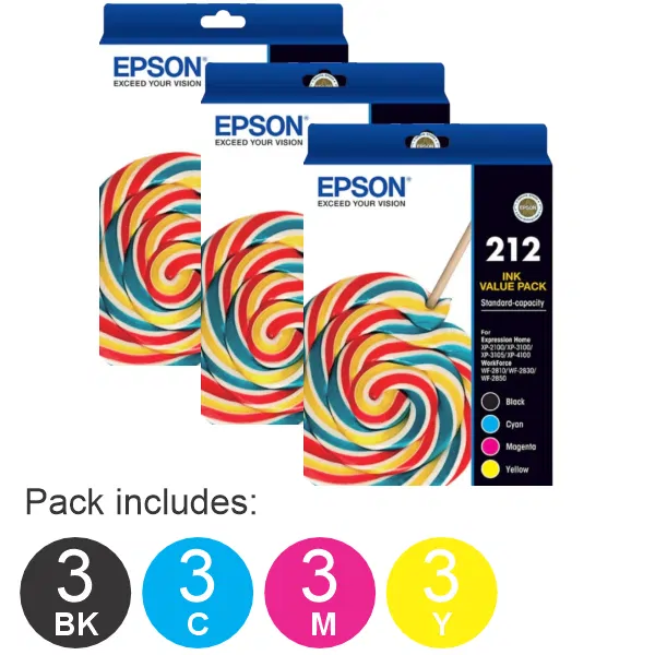3 x Epson 212 4 Ink Cartridge Value Pack (3BK,3C,3M,3Y)