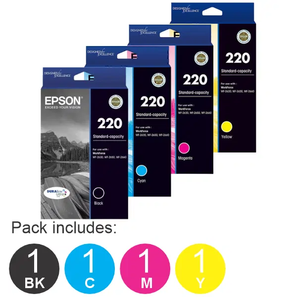 4 Pack – Epson 220 (1BK,1C,1M,1Y) Ink Cartridges