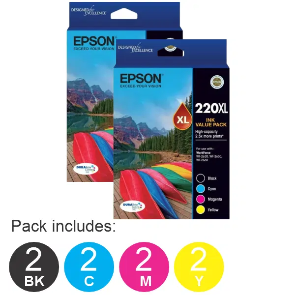 2 x Epson 220XL 4 High Yield Ink Cartridge Value Pack (2BK,2C,2M,2Y) C13T294692