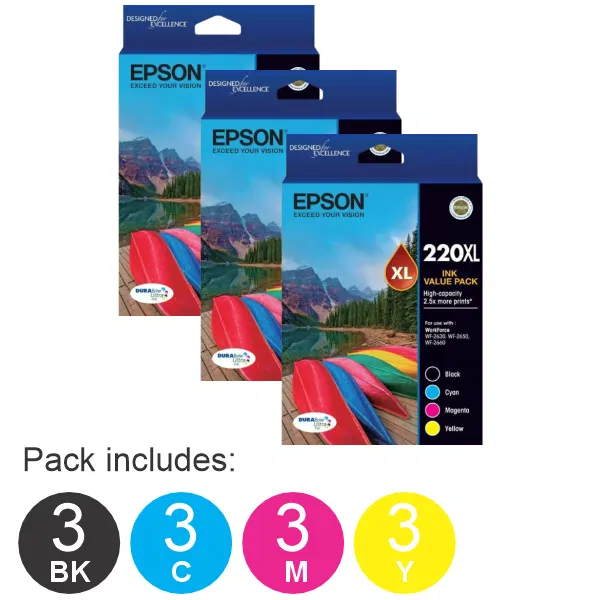 3 x Epson 220XL 4 High Yield Ink Cartridge Value Pack (3BK,3C,3M,3Y) C13T294692