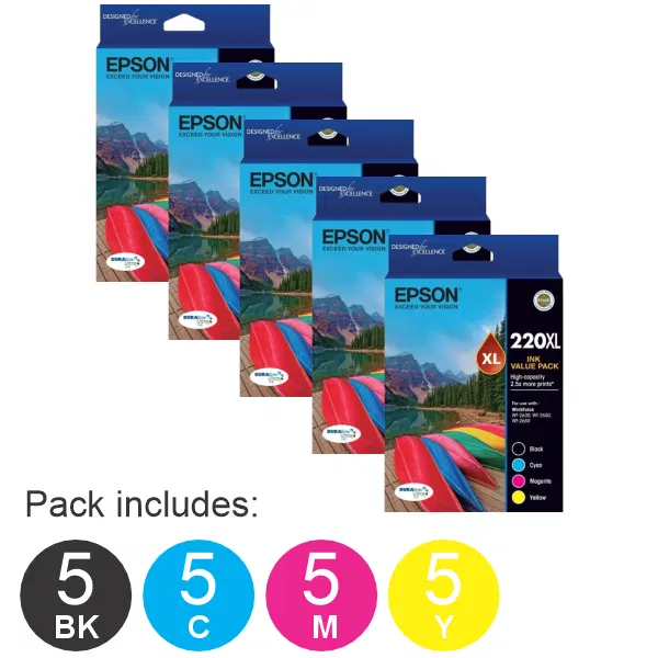 5 x Epson 220XL 4 High Yield Ink Cartridge Value Pack (5BK,5C,5M,5Y) C13T294692