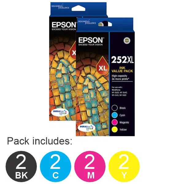 2 x Epson 252XL 4 High Yield Ink Cartridge Value Pack (2BK,2C,2M,2Y) C13T253692
