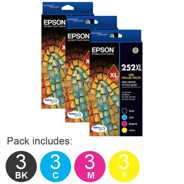 3 x Epson 252XL 4 High Yield Ink Cartridge Value Pack (3BK,3C,3M,3Y) C13T253692