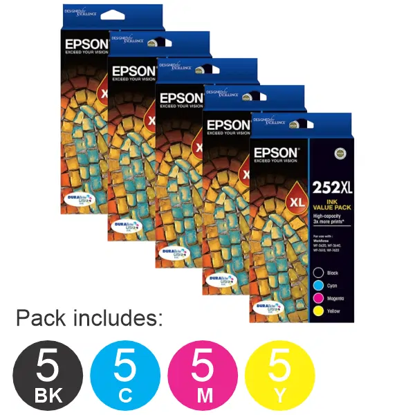 5 x Epson 252XL 4 High Yield Ink Cartridge Value Pack (5BK,5C,5M,5Y) C13T253692