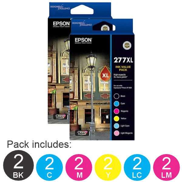 2 x Epson 277XL 6 High Yield Cartridge Ink Value Pack (2BK,2C,2LC,2LM,2M,2Y) C13T278892