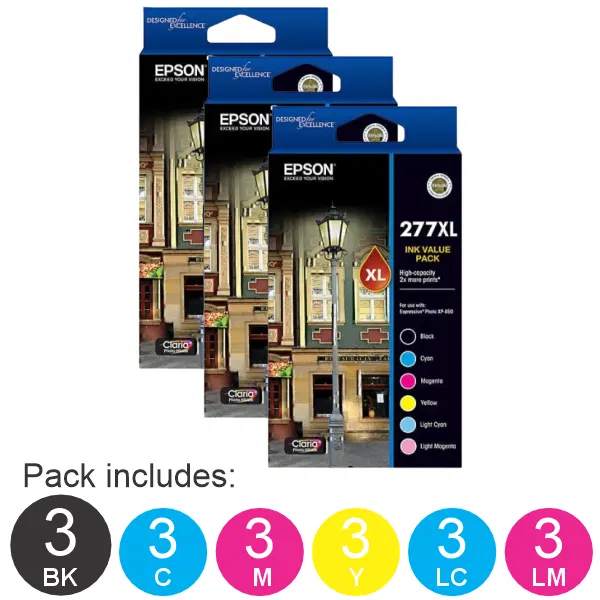 3 x Epson 277XL 6 High Yield Cartridge Ink Value Pack (3BK,3C,3LC,3LM,3M,3Y) C13T278892
