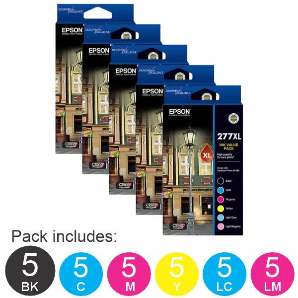 5 x Epson 277XL 6 High Yield Cartridge Ink Value Pack (5BK,5C,5LC,5LM,5M,5Y) C13T278892
