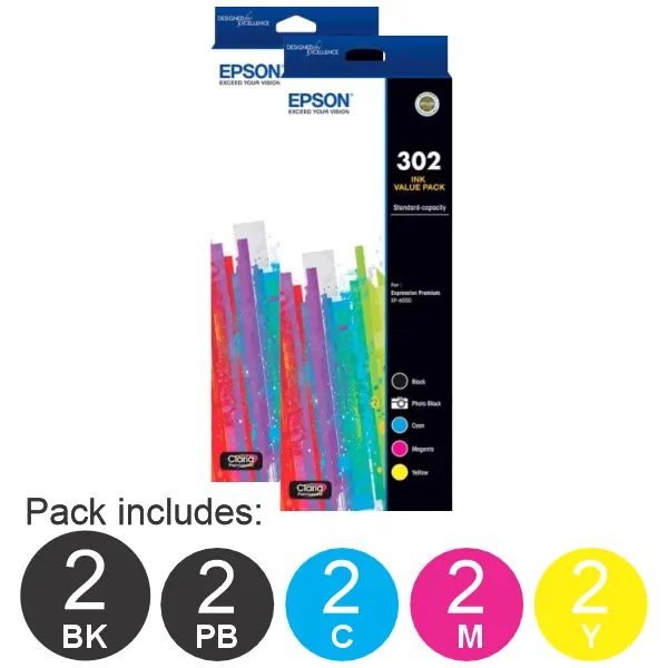 2 x Epson 302 5 High Yield Cartridge Ink Value Pack (1BK,1PBK,1C,1M,1Y)