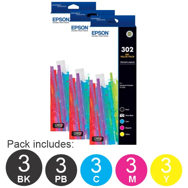 3 x Epson 302 5 High Yield Cartridge Ink Value Pack (1BK,1PBK,1C,1M,1Y)