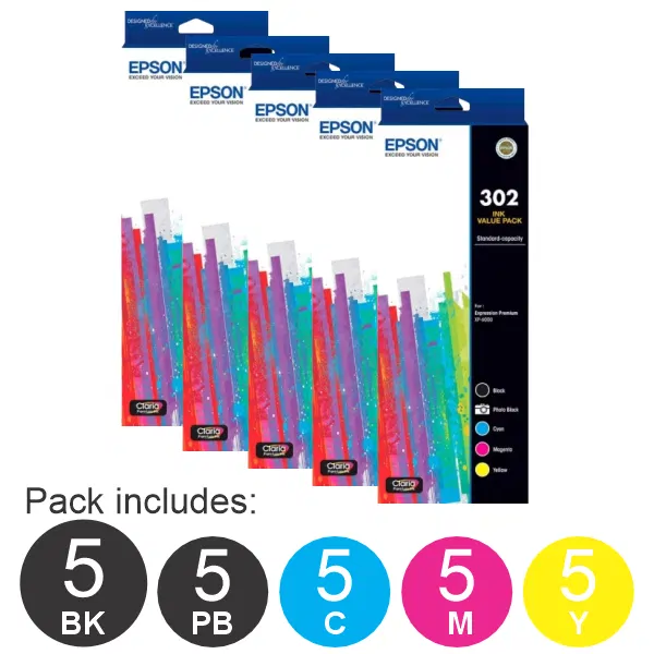 5 x Epson 302 5 High Yield Cartridge Ink Value Pack (1BK,1PBK,1C,1M,1Y)