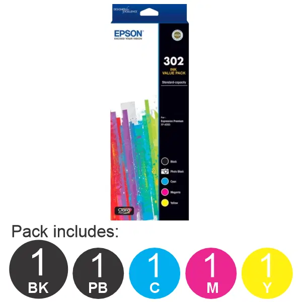 Epson 302 5 High Yield Cartridge Ink Value Pack (1BK,1PBK,1C,1M,1Y)