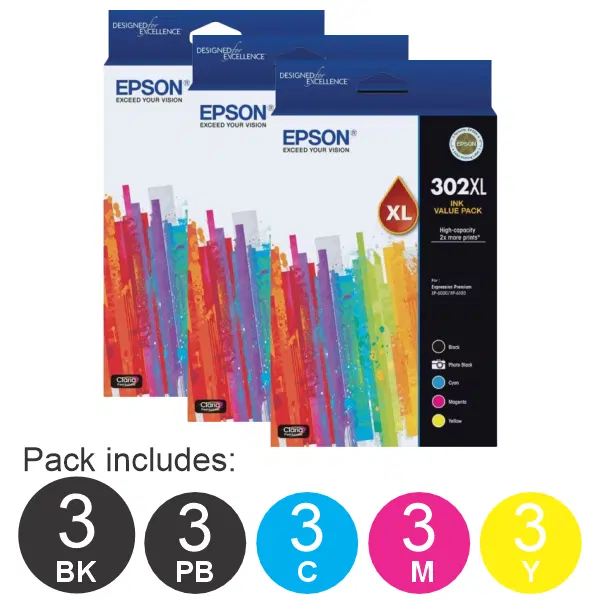 3 x Epson 302XL 5 Ink Cartridge Value Pack C13T01Y792