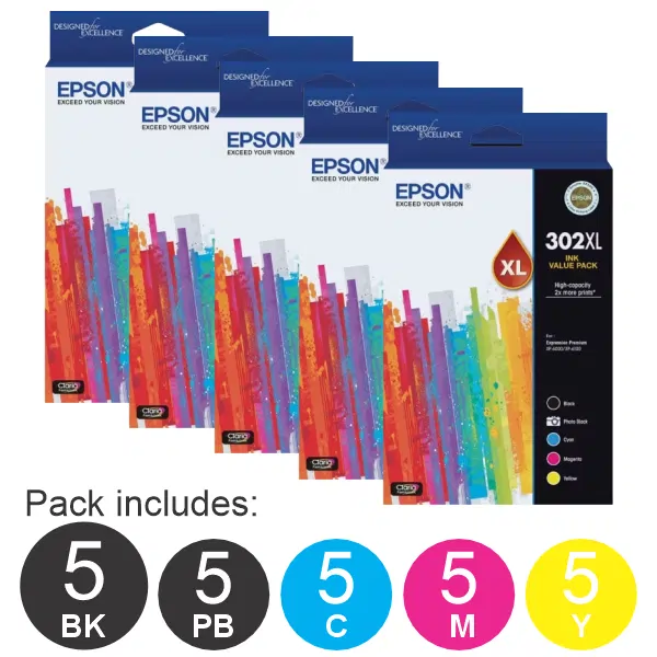5 x Epson 302XL 5 Ink Cartridge Value Pack C13T01Y792